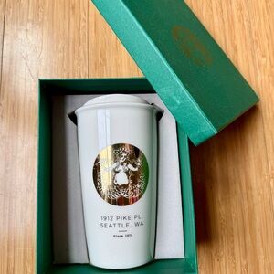 Starbucks White Ceramic Tumbler with Gold Siren Emblem